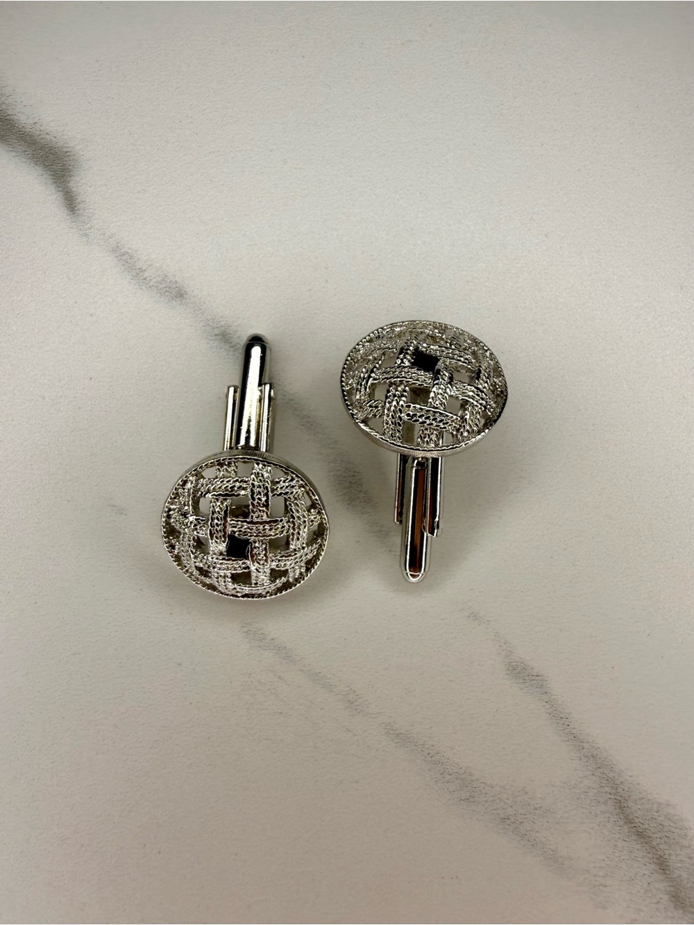 Silver Tone Round Woven Pattern Cufflinks